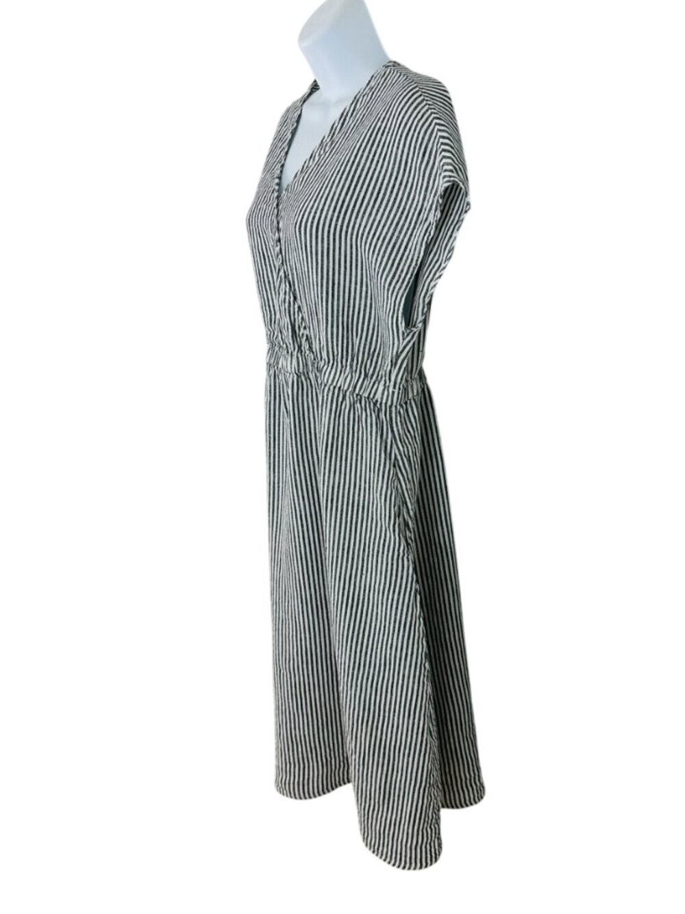 Grae Cove Women's Size L Striped Linen Elastic Waist Black White Midi Dress - Picture 3 of 8